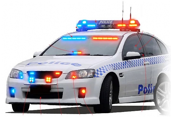 LED strobe warning lights are installed on different positions of police cars for different purposes